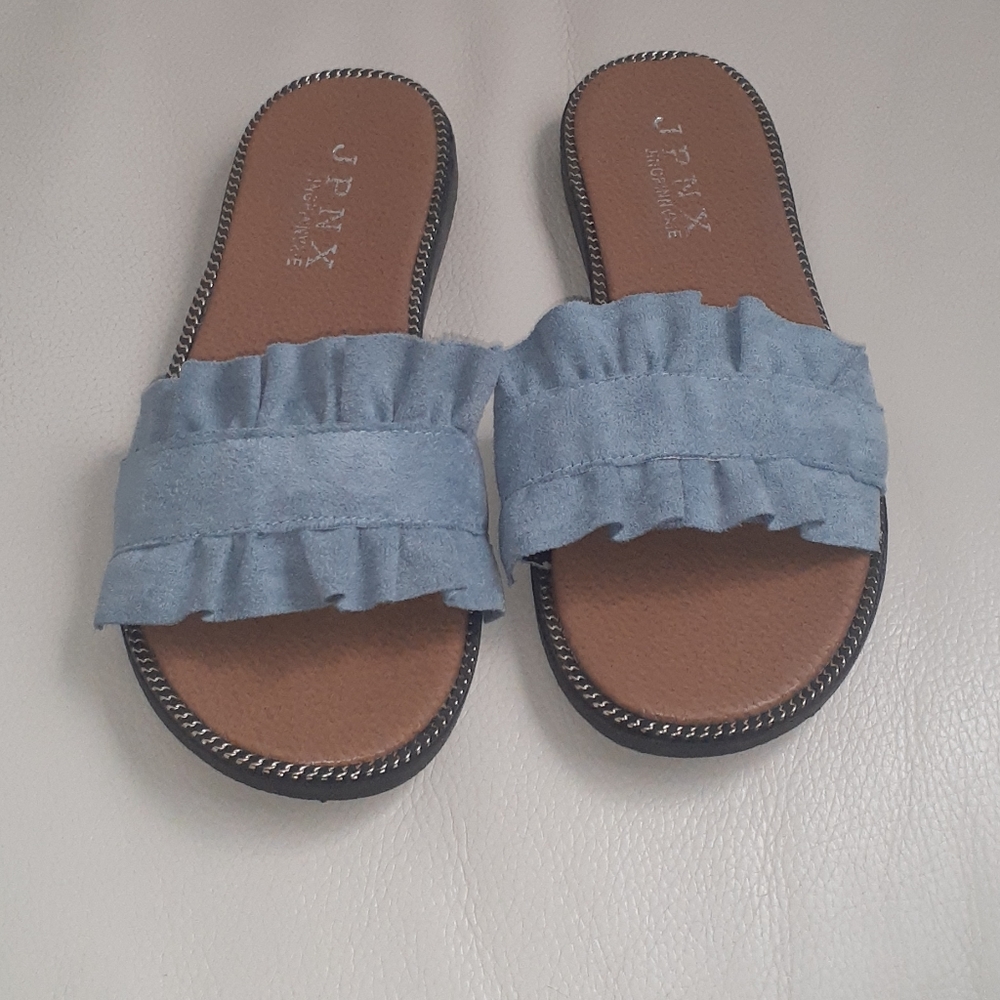 Chambray blue suede ruffle slip on sandals
